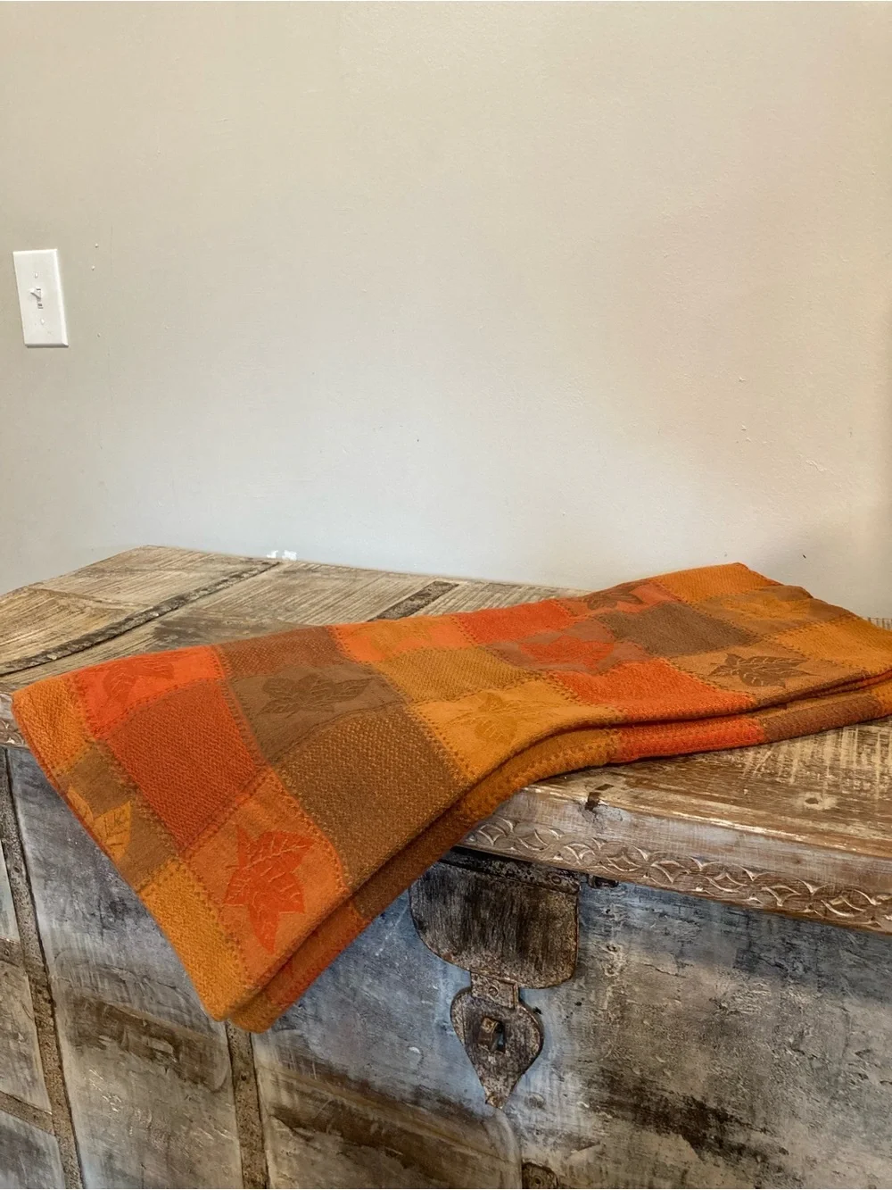 Fall Autumn Plaid Tablecloth Cotton Leaves Orange Brown 71 x 52”